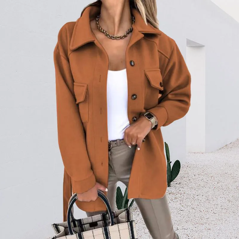 Women Fashion Slit Neck Casual Woolen Coats