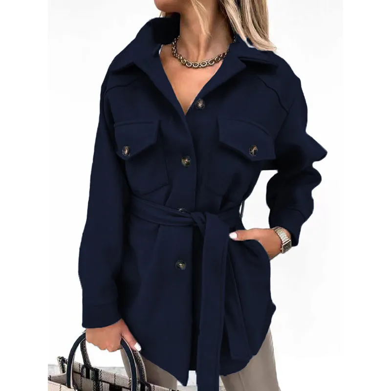 Women Fashion Slit Neck Casual Woolen Coats