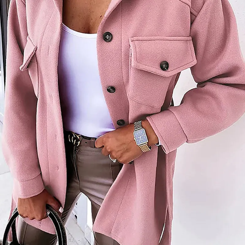 Women Fashion Slit Neck Casual Woolen Coats