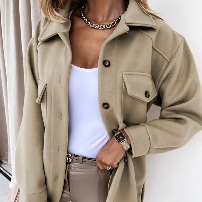 Women Fashion Slit Neck Casual Woolen Coats