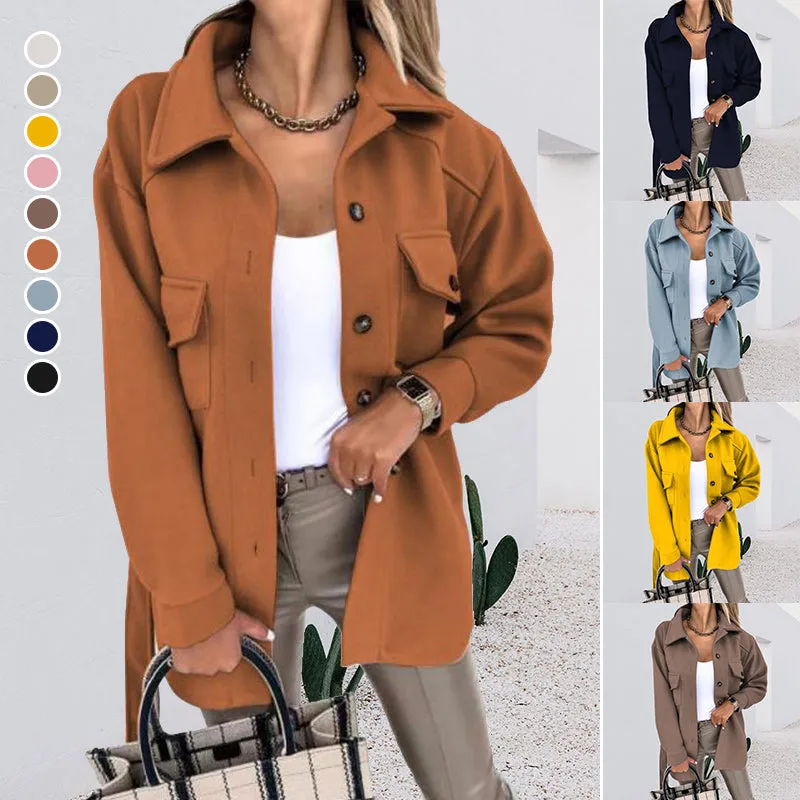 Women Fashion Slit Neck Casual Woolen Coats