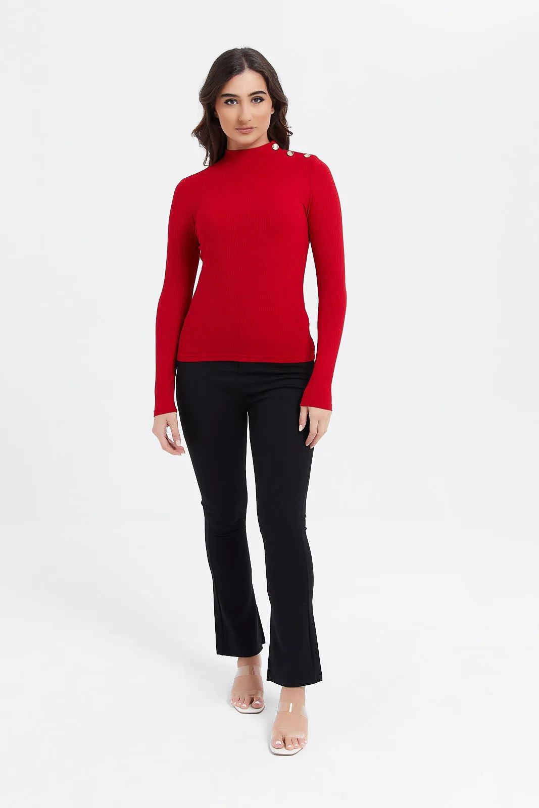 Women Red Ribbed Top