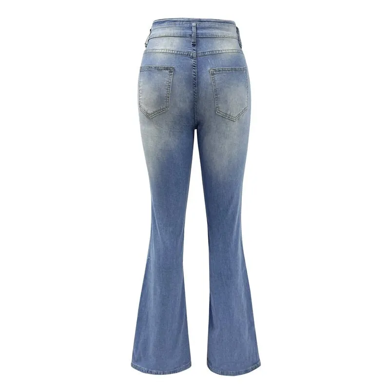 Women Vintage High Waist Button Splicing Slightly Flared Jeans - WJN0002