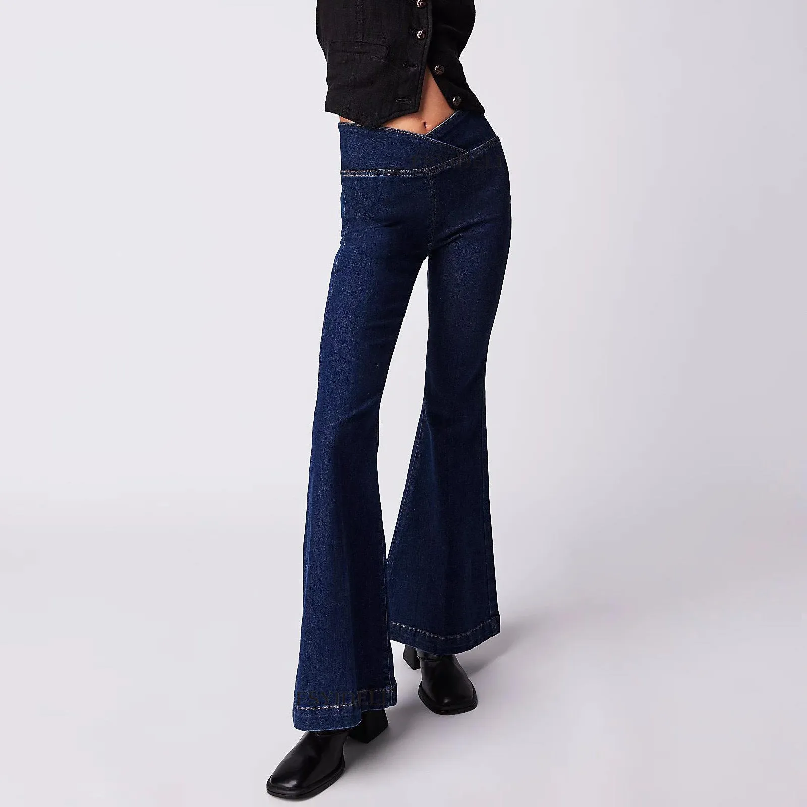 Women Waist Irregular Slim-fit Slimming Stretch Denim Flared Pants