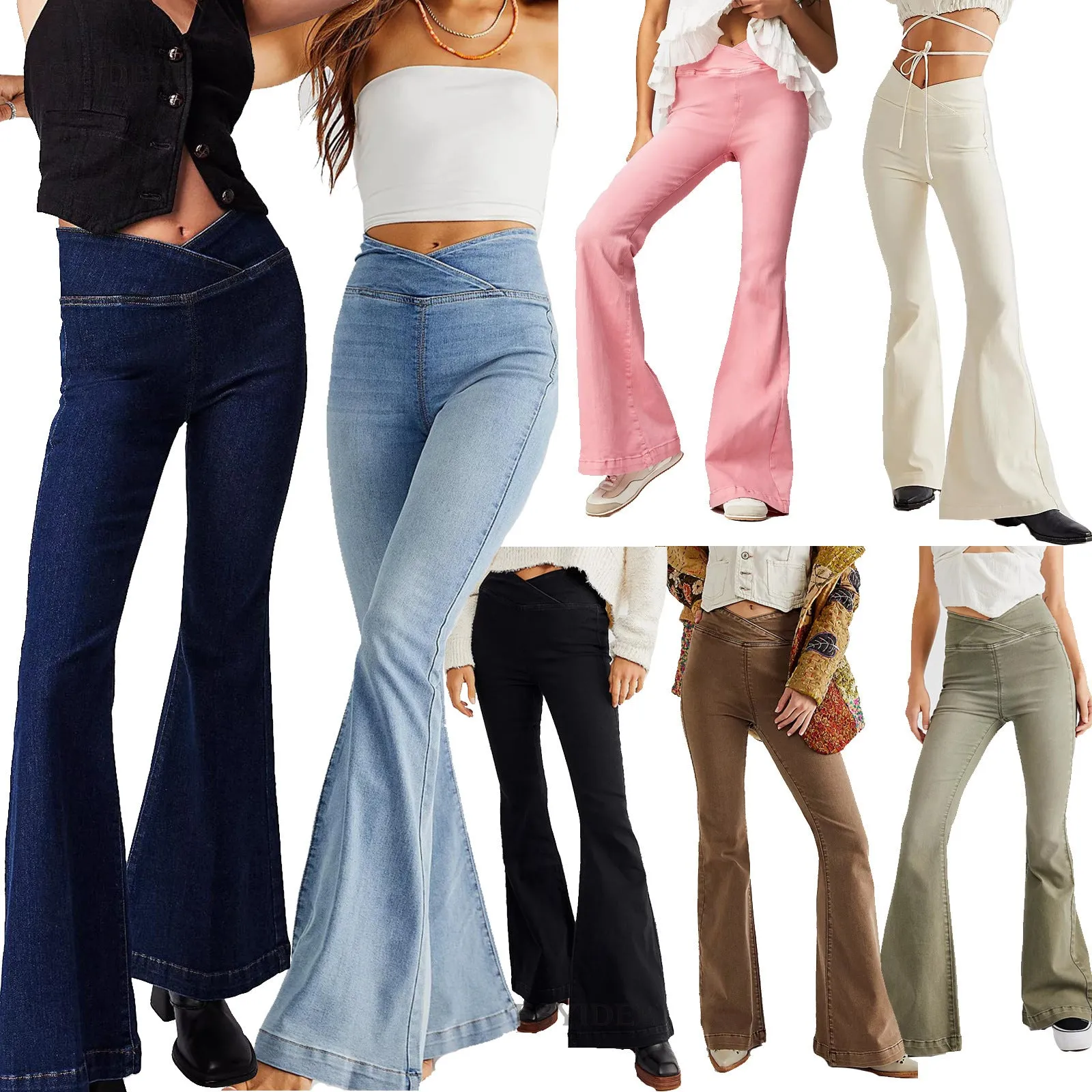 Women Waist Irregular Slim-fit Slimming Stretch Denim Flared Pants