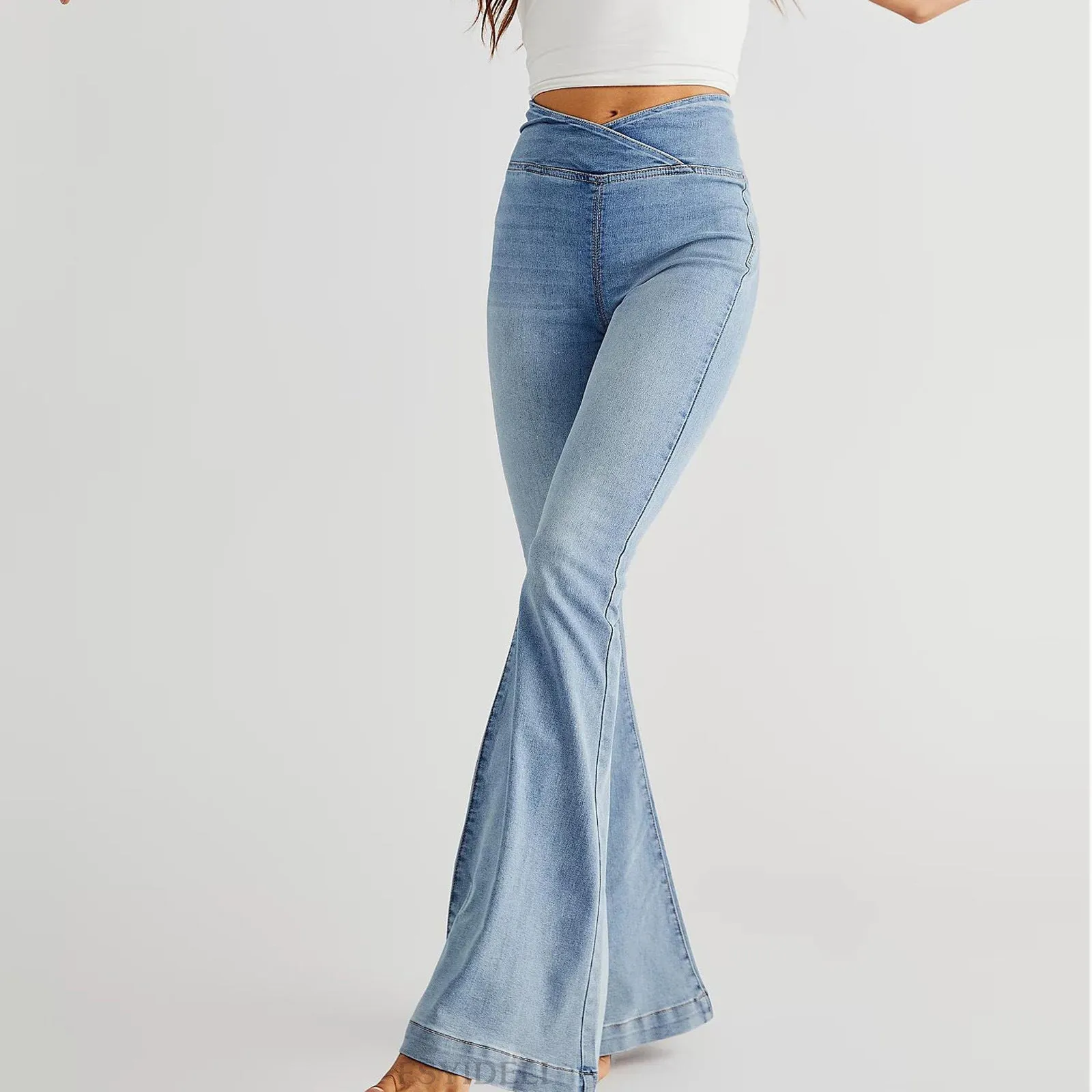 Women Waist Irregular Slim-fit Slimming Stretch Denim Flared Pants