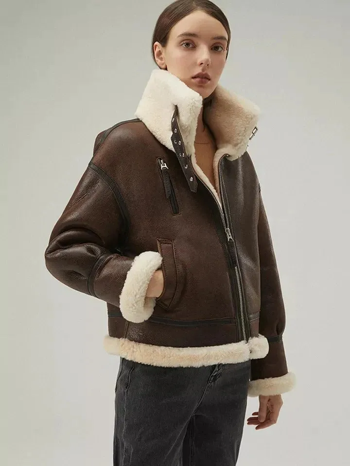 Women’s Dark Brown Leather Shearling Coat Jacket