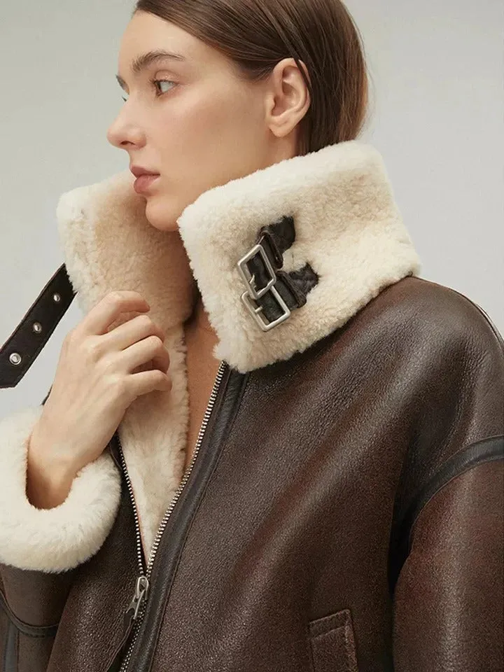 Women’s Dark Brown Leather Shearling Coat Jacket