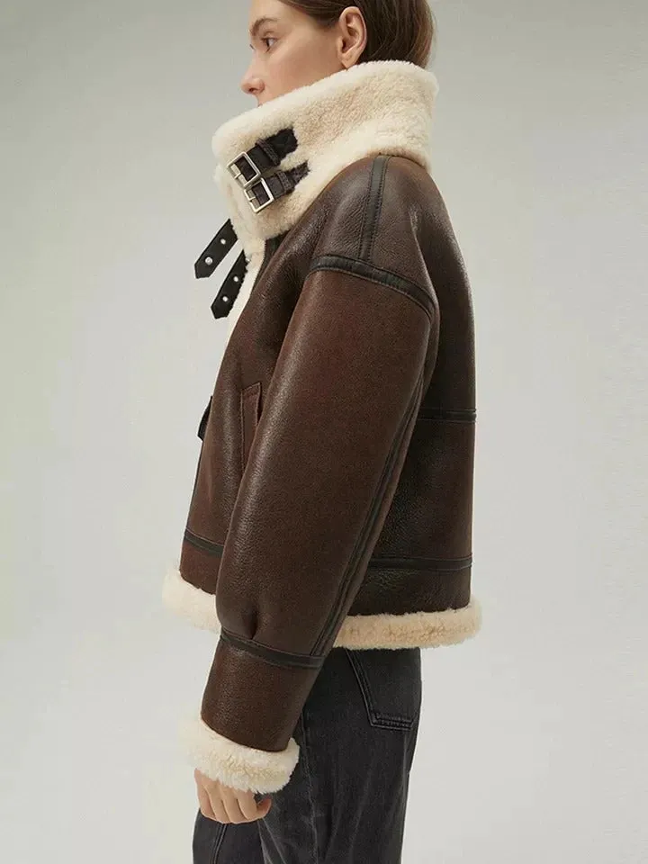 Women’s Dark Brown Leather Shearling Coat Jacket