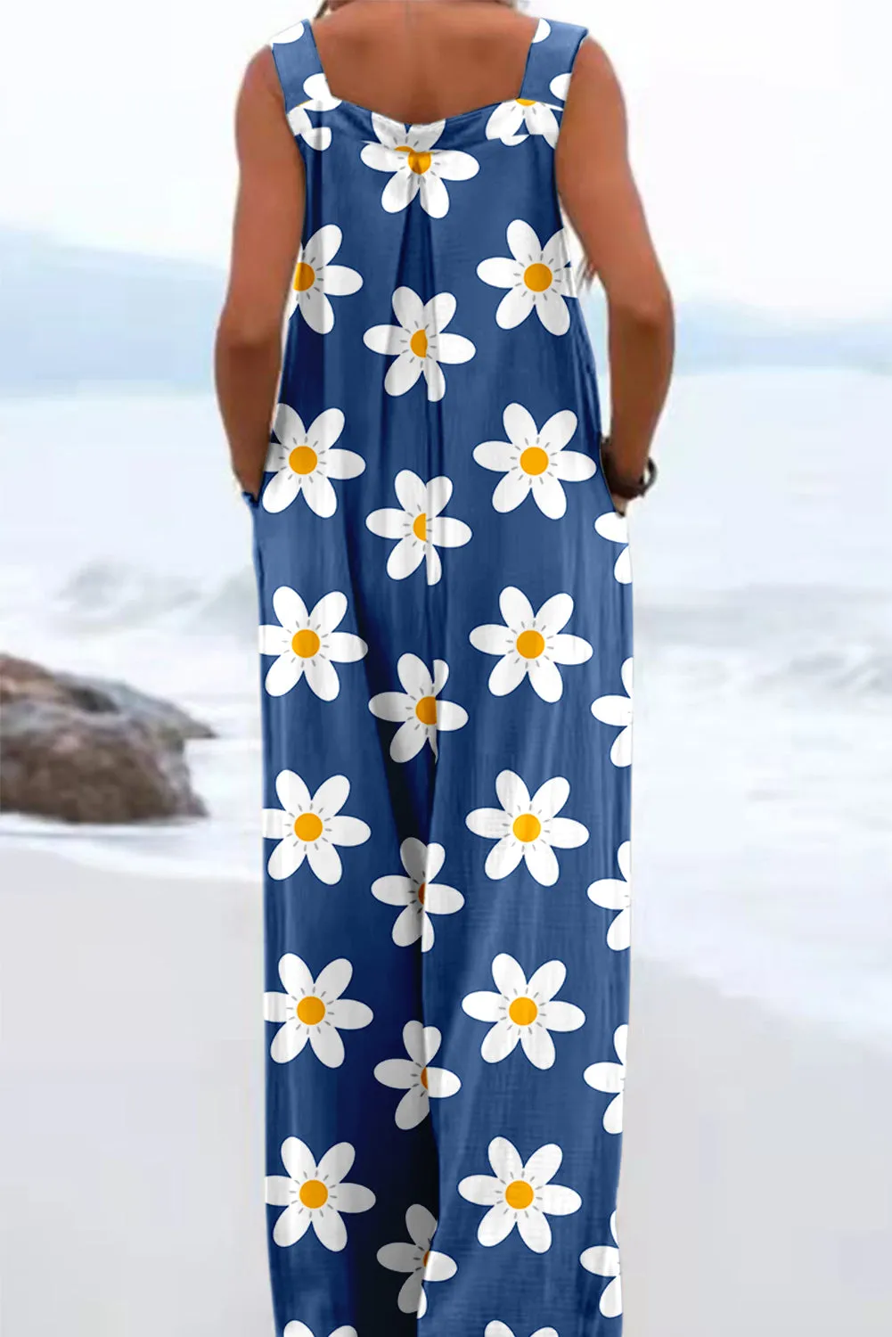 Women's Floral Print Sleeveless Casual Blue Jumpsuits