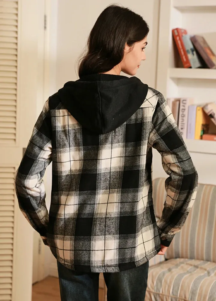 Women's Matching Family Black White Sherpa-Lined Flannel Hoodie