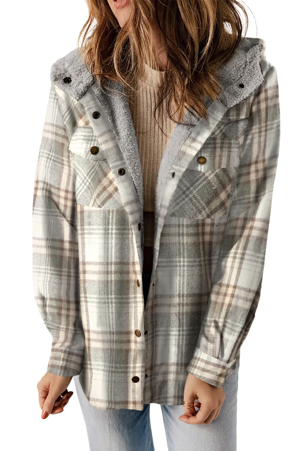 Women's Plaid Pattern Sherpa Lined Hooded Shacket