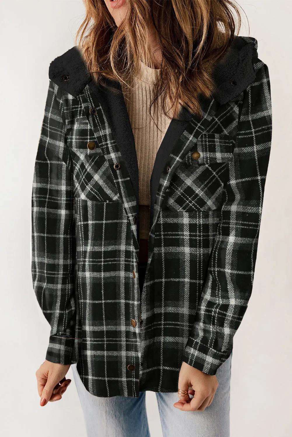 Women's Plaid Pattern Sherpa Lined Hooded Shacket