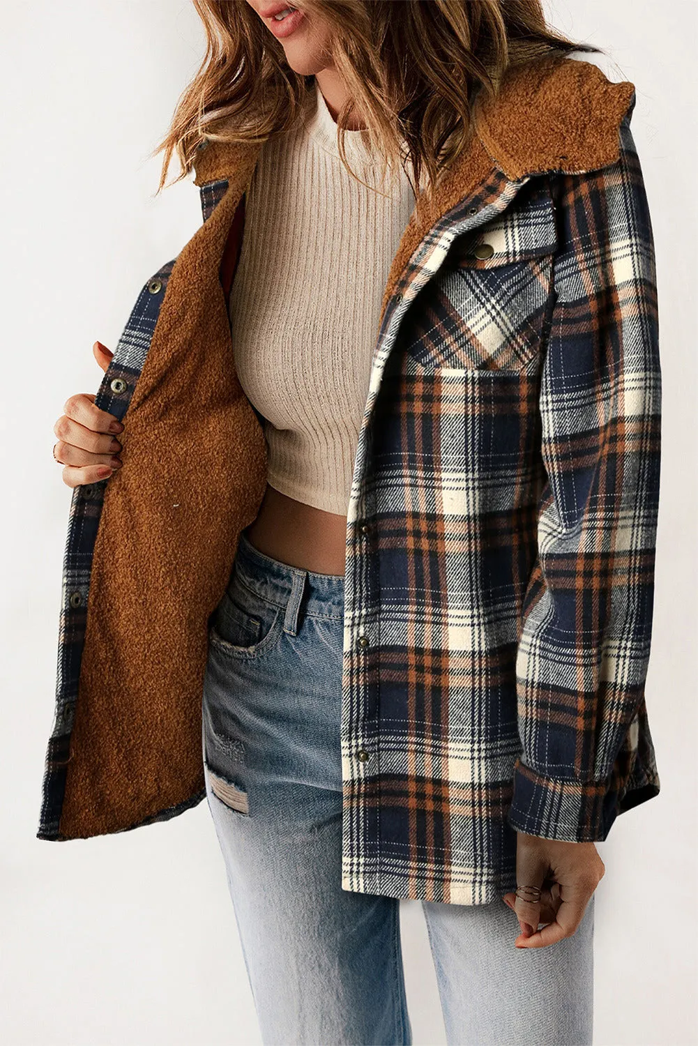 Women's Plaid Pattern Sherpa Lined Hooded Shacket