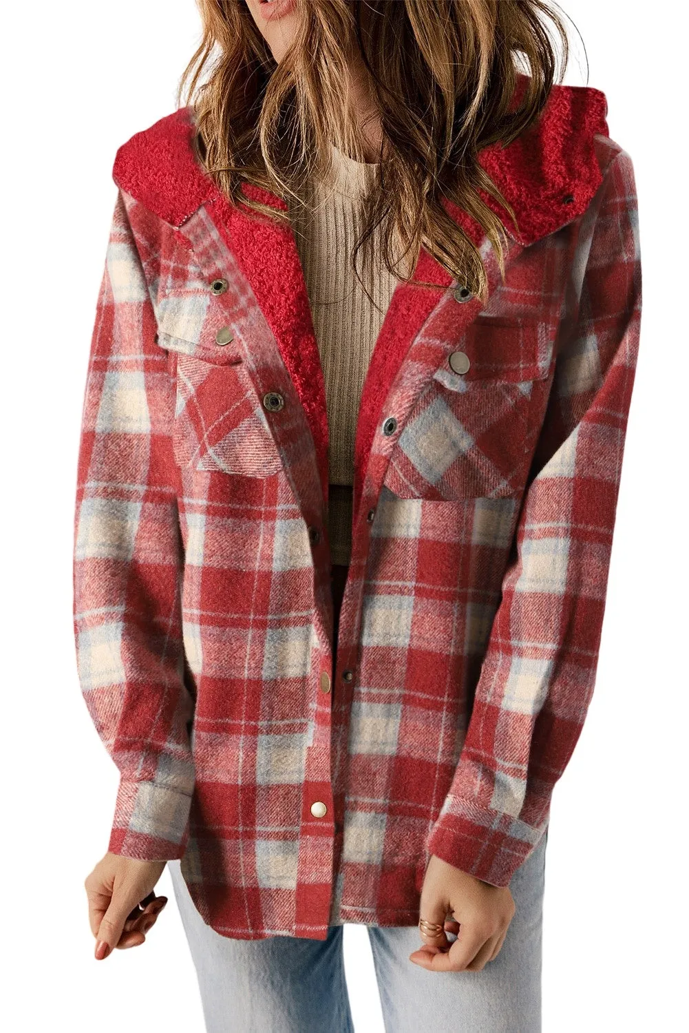 Women's Plaid Pattern Sherpa Lined Hooded Shacket