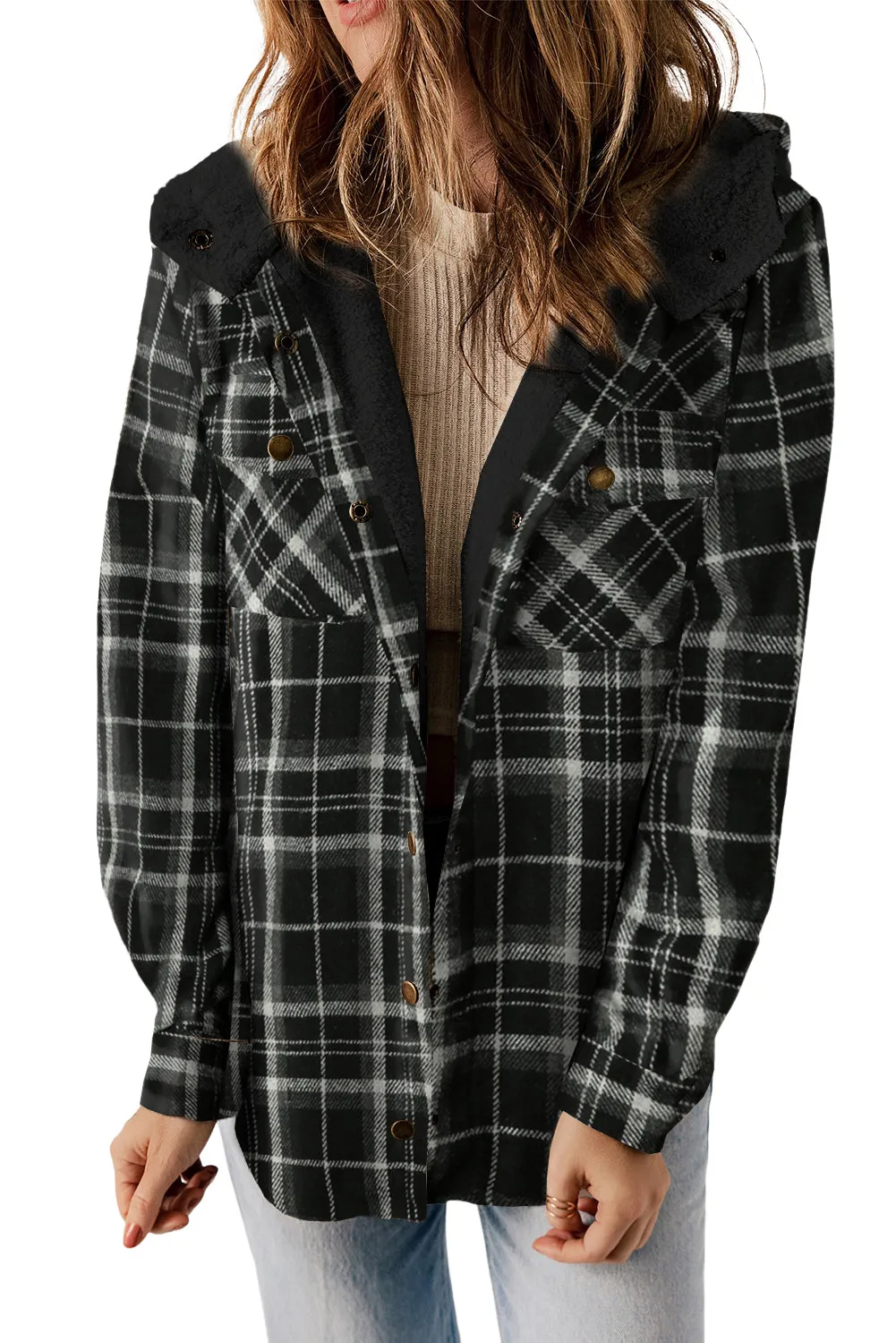 Women's Plaid Pattern Sherpa Lined Hooded Shacket