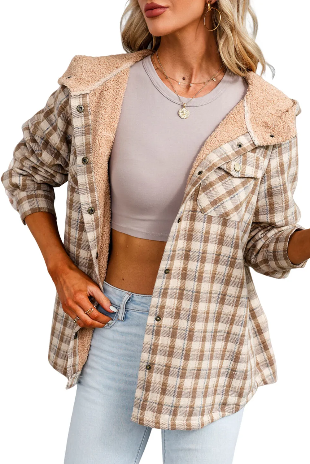 Women's Plaid Pattern Sherpa Lined Hooded Shacket