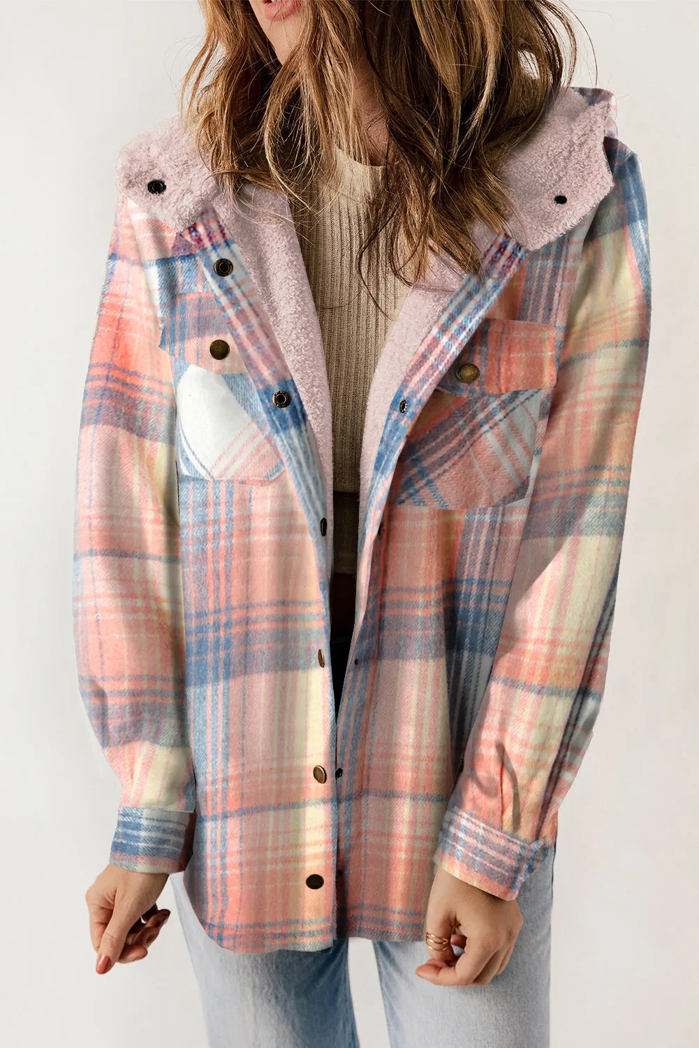 Women's Plaid Pattern Sherpa Lined Hooded Shacket