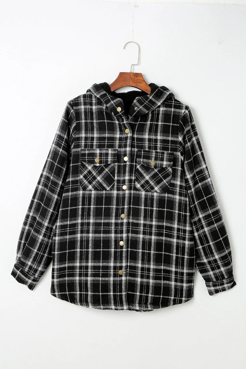 Women's Plaid Pattern Sherpa Lined Hooded Shacket