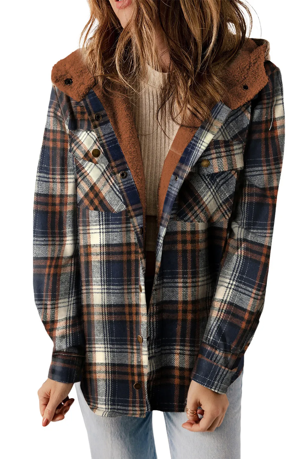 Women's Plaid Pattern Sherpa Lined Hooded Shacket