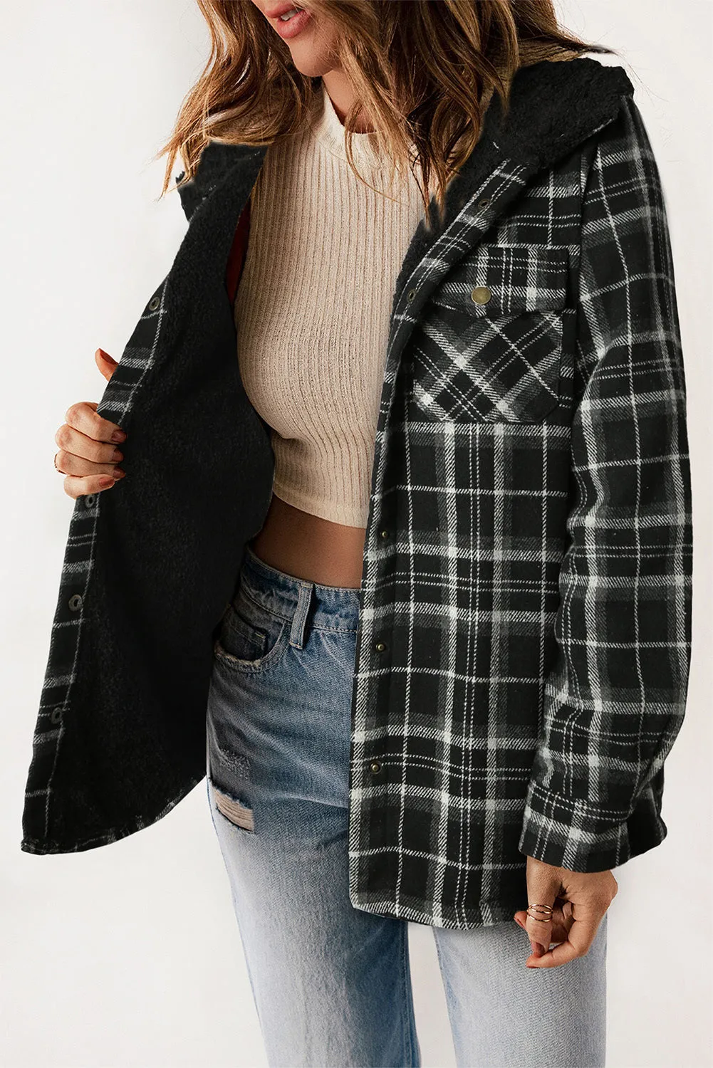 Women's Plaid Pattern Sherpa Lined Hooded Shacket