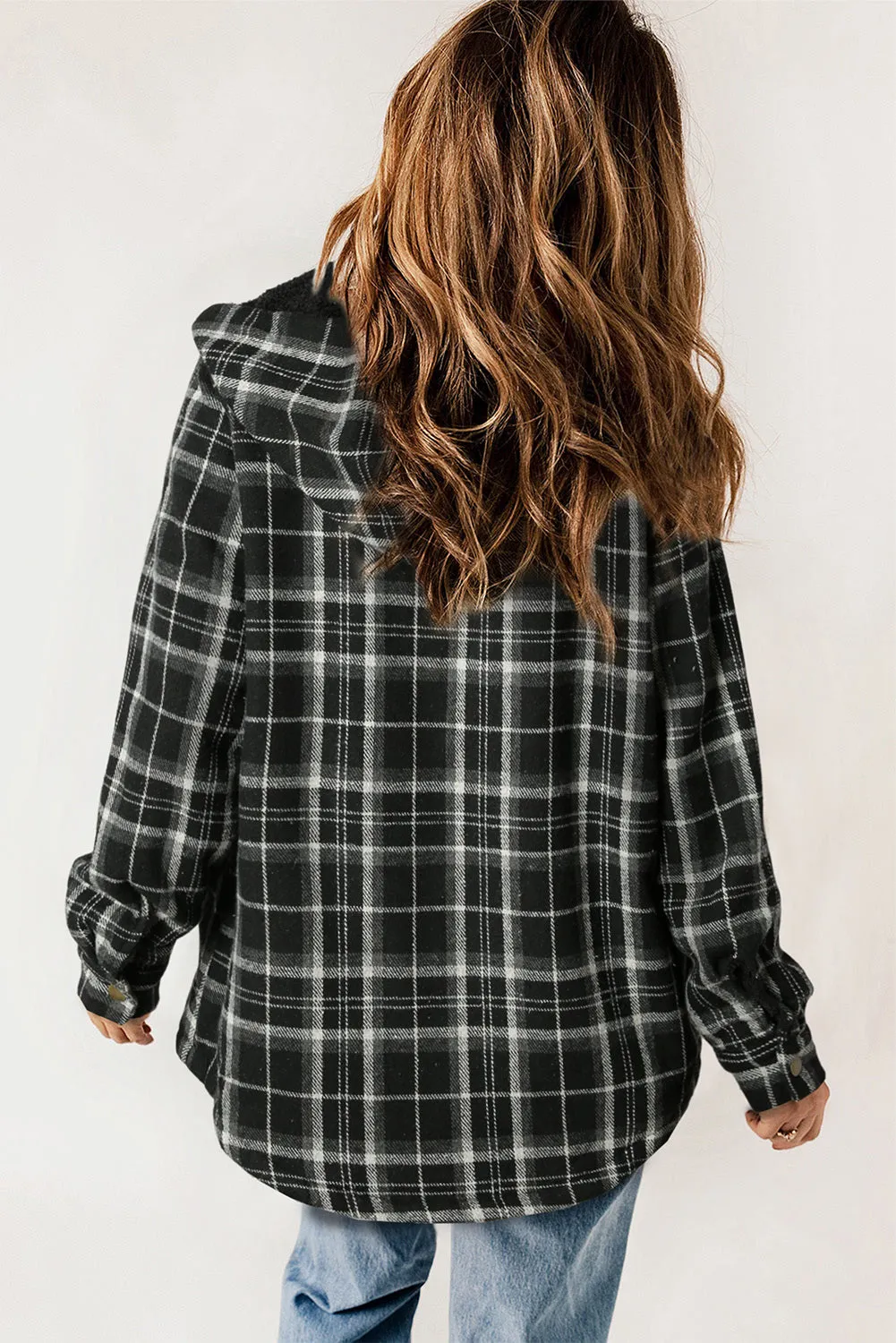 Women's Plaid Pattern Sherpa Lined Hooded Shacket