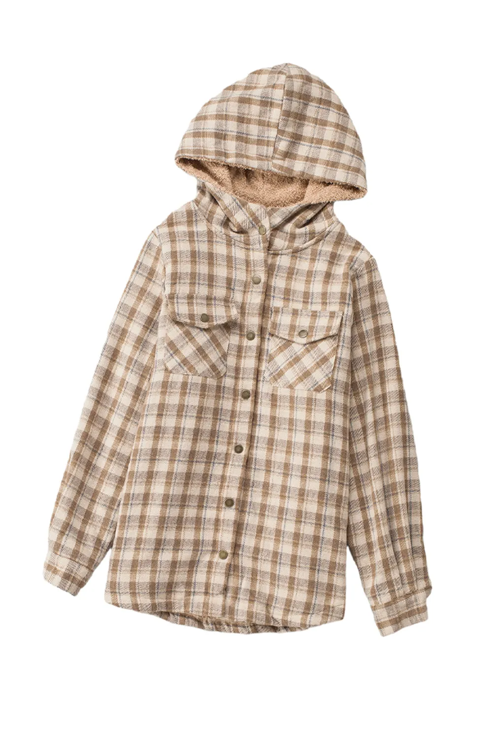 Women's Plaid Pattern Sherpa Lined Hooded Shacket