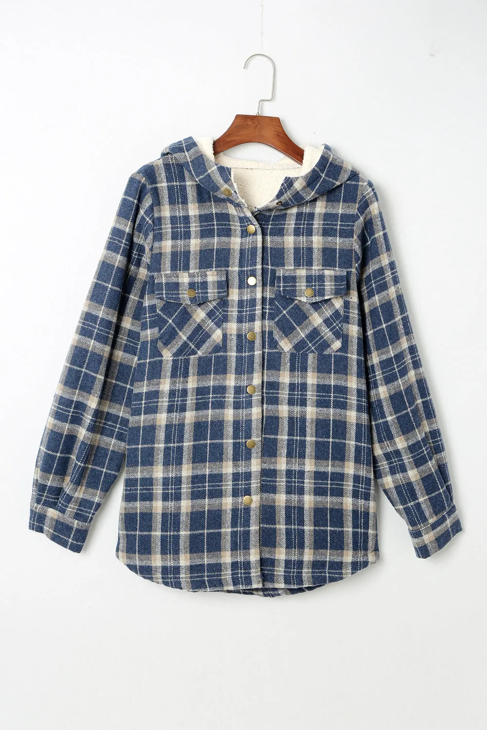 Women's Plaid Pattern Sherpa Lined Hooded Shacket