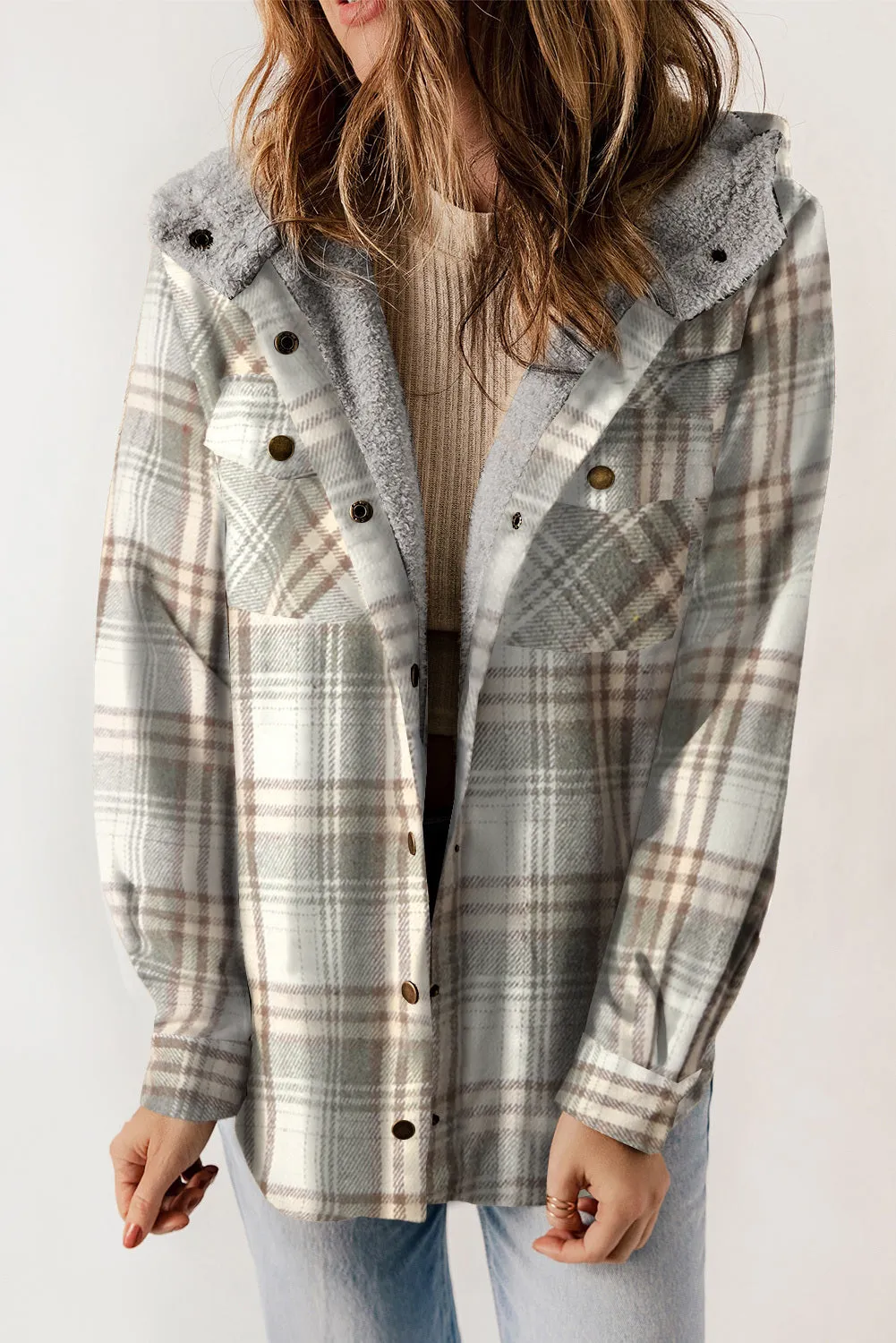 Women's Plaid Pattern Sherpa Lined Hooded Shacket