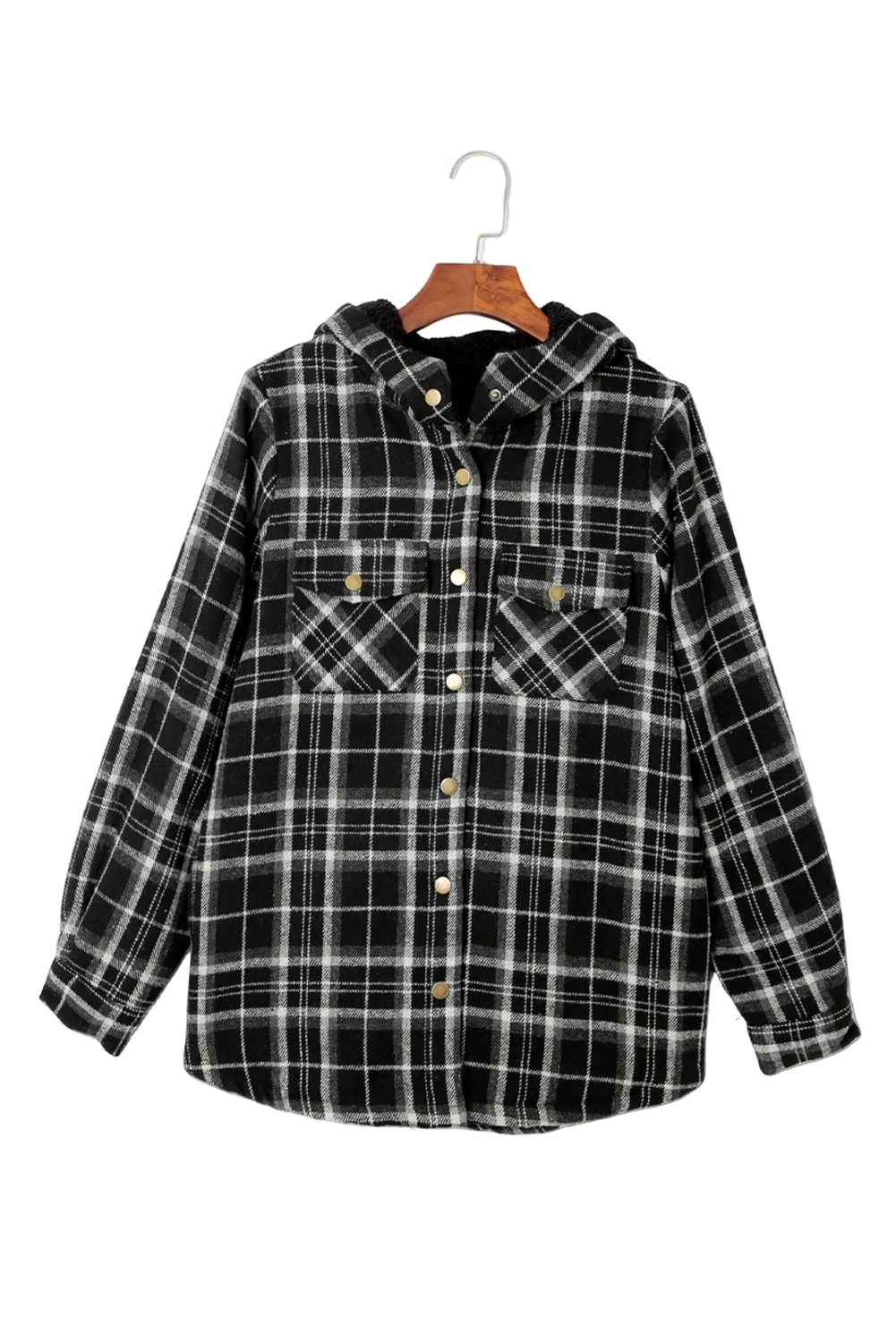 Women's Plaid Pattern Sherpa Lined Hooded Shacket