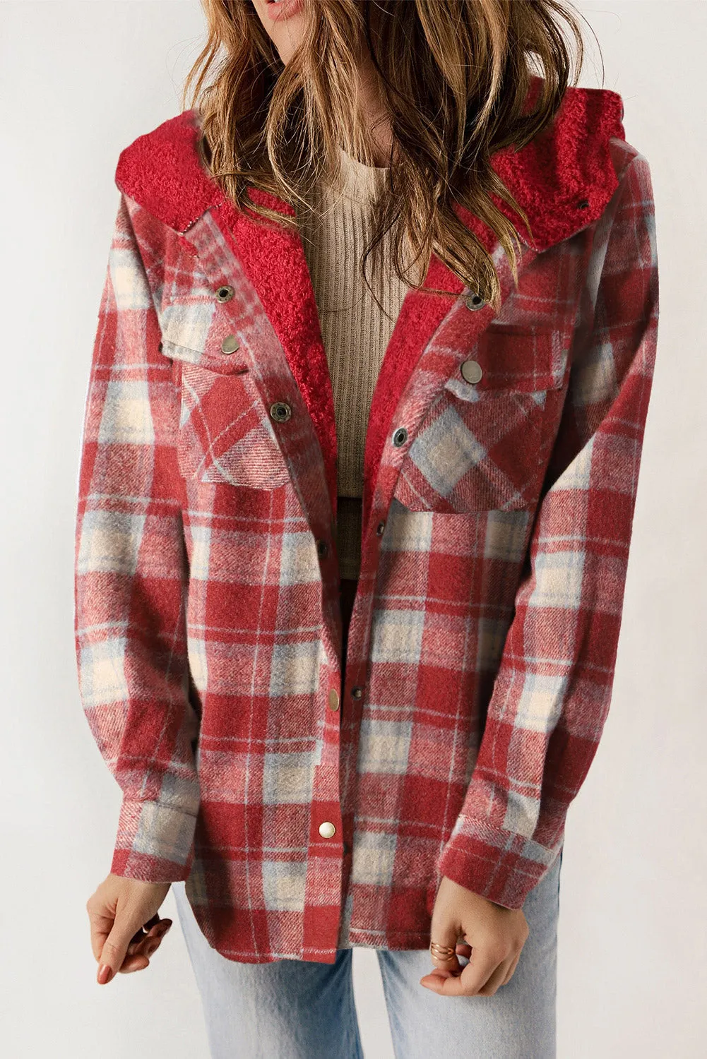 Women's Plaid Pattern Sherpa Lined Hooded Shacket