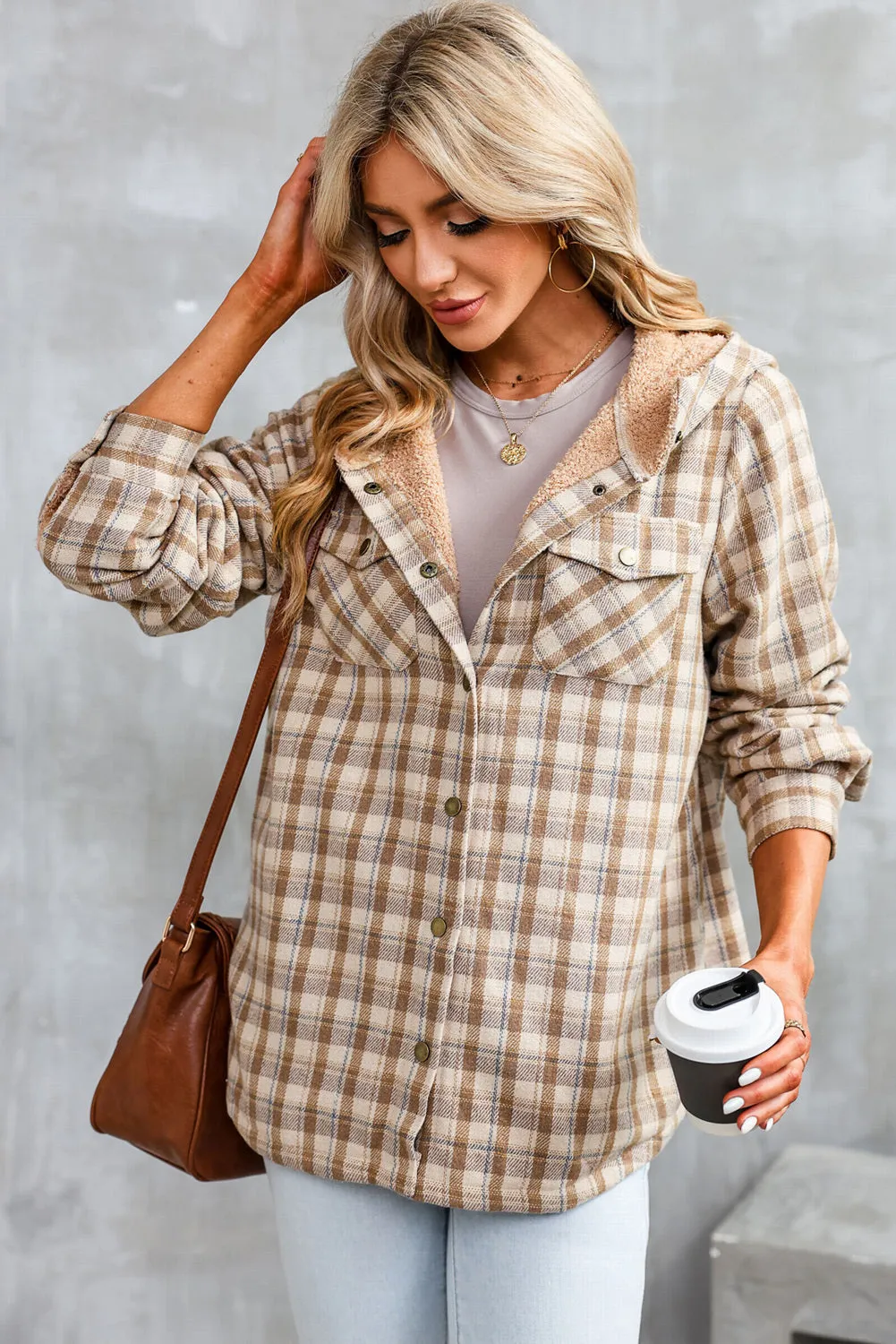 Women's Plaid Pattern Sherpa Lined Hooded Shacket