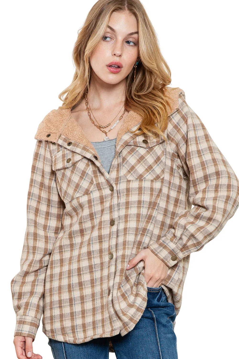 Women's Plaid Pattern Sherpa Lined Hooded Shacket