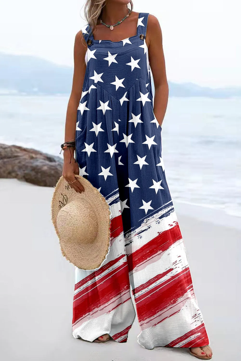 Women's Stars and Stripes Print Pockets Wide Leg Jumpsuits