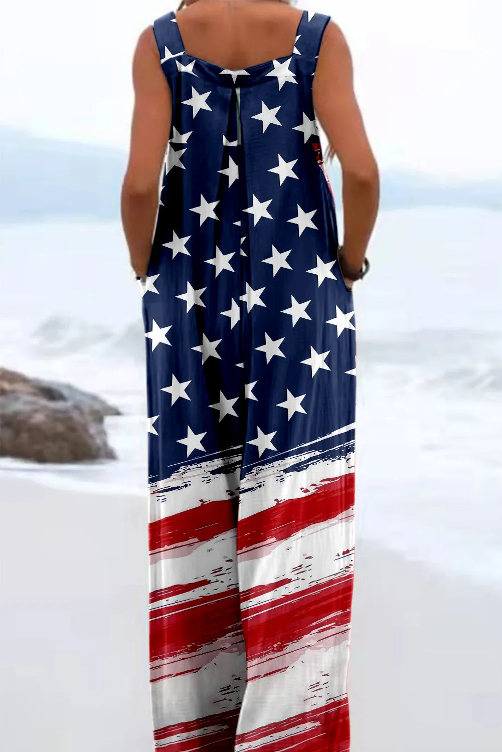 Women's Stars and Stripes Print Pockets Wide Leg Jumpsuits