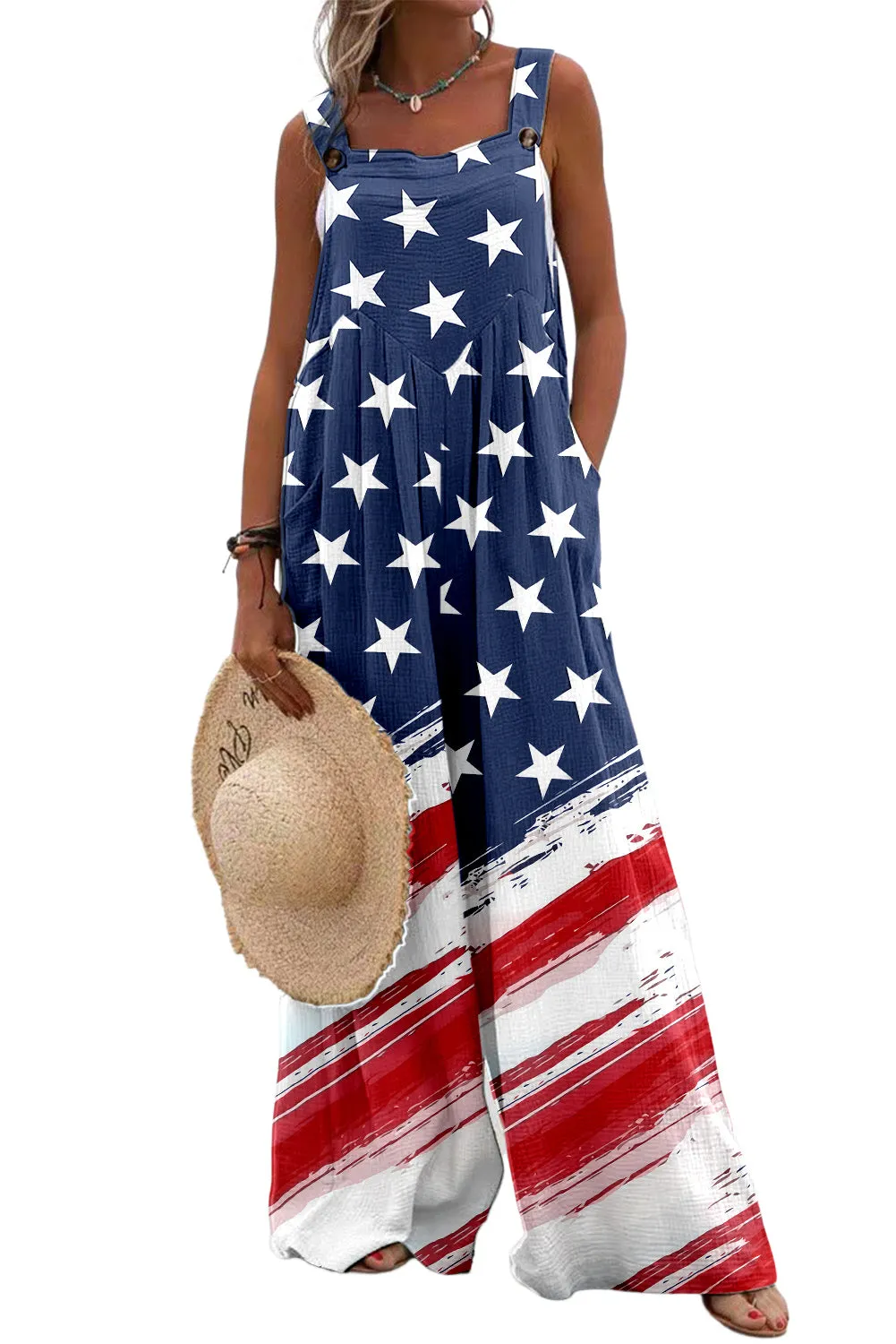 Women's Stars and Stripes Print Pockets Wide Leg Jumpsuits