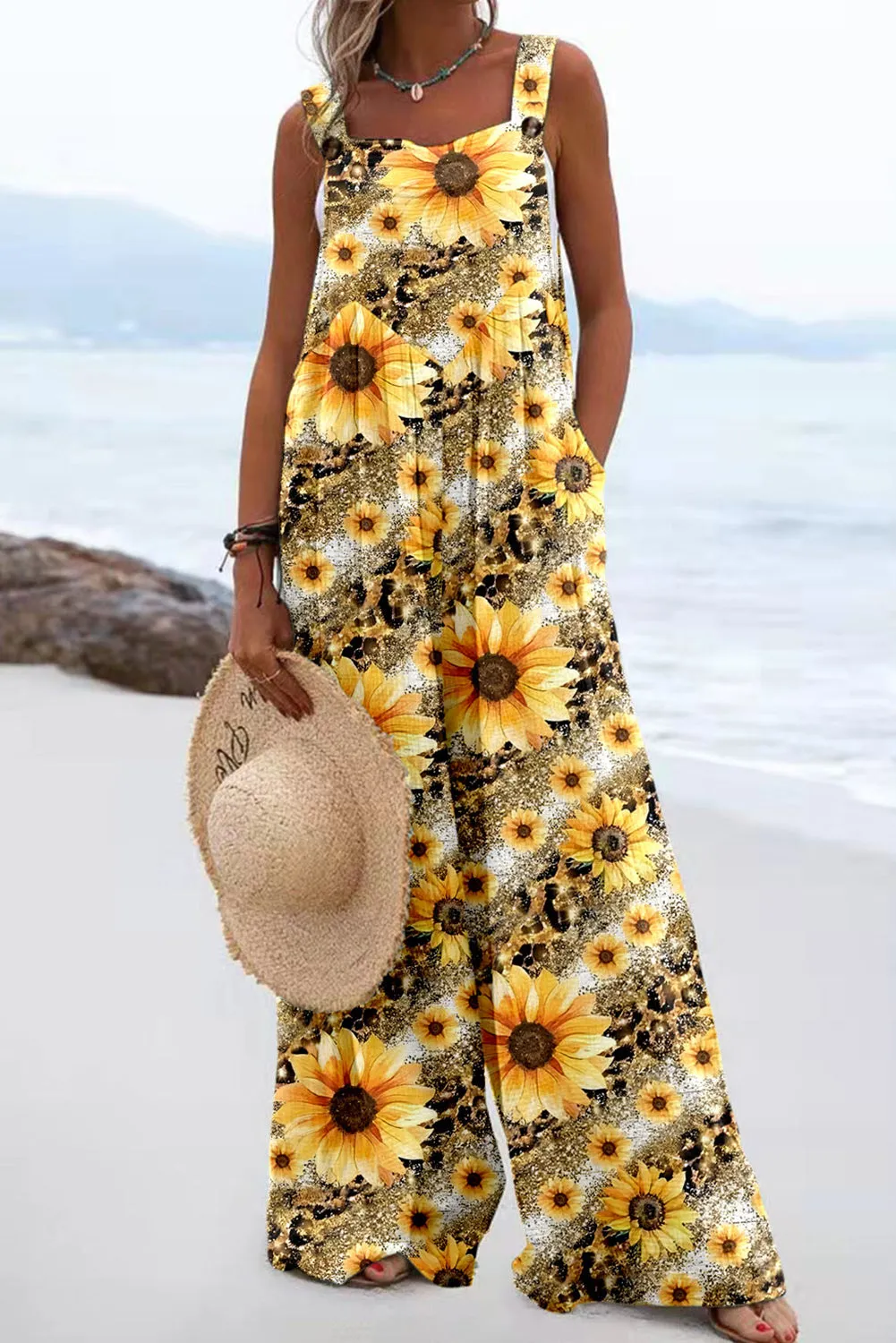 Women's Sunflower Print Wide Leg Loose Tank Overall Jumpsuits