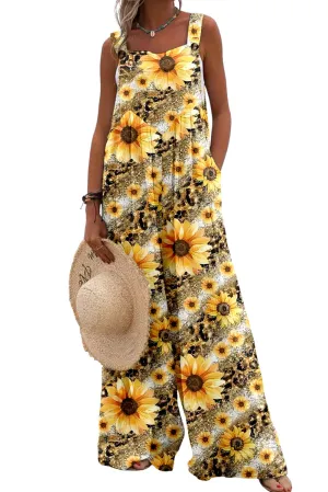 Women's Sunflower Print Wide Leg Loose Tank Overall Jumpsuits