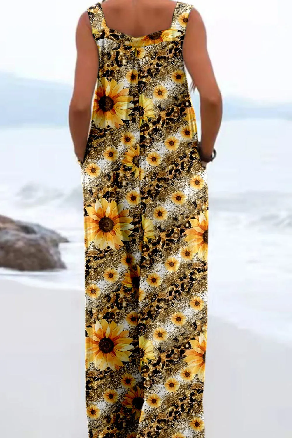 Women's Sunflower Print Wide Leg Loose Tank Overall Jumpsuits